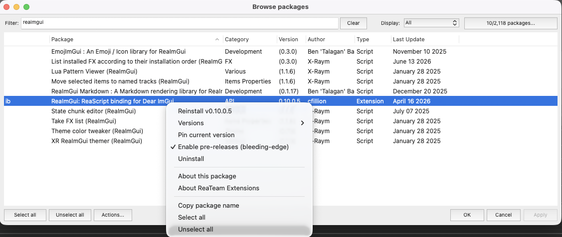 ReaPack package browser showing ReaImGui