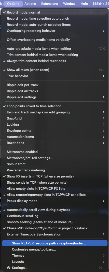 REAPER Options menu showing the resource path command