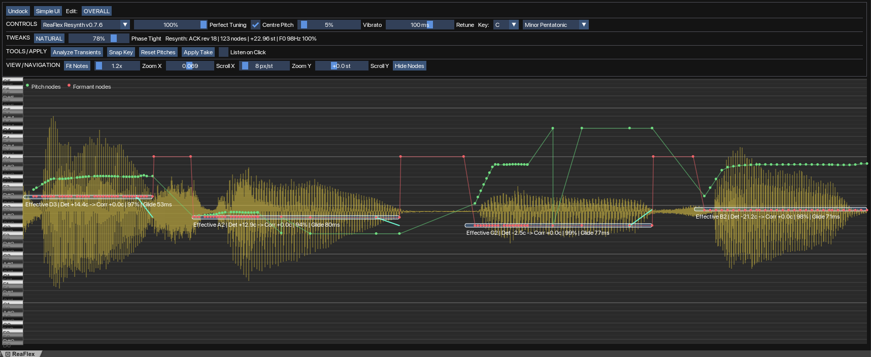 ReaFlex open on a selected vocal with analyzed notes